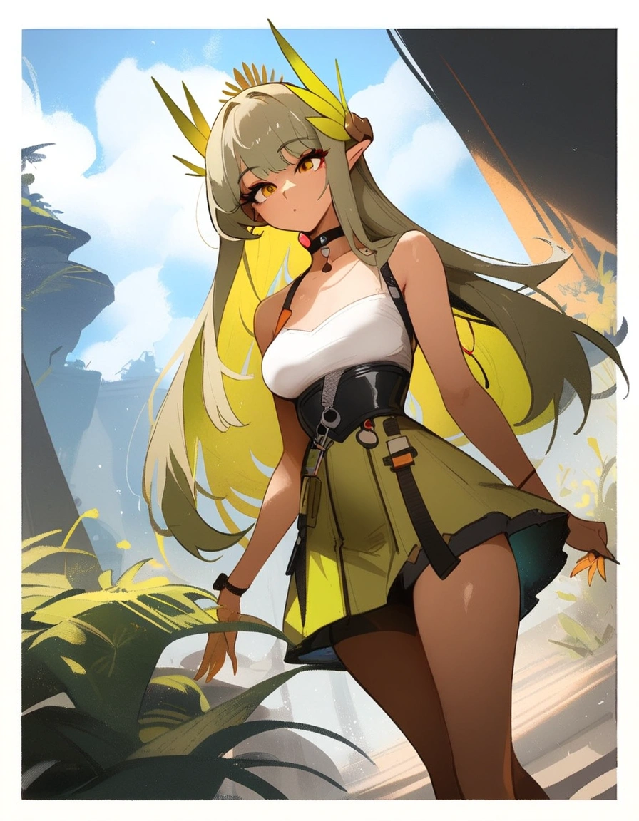 1girl, muelsyse \(arknights\), arknights
\\\\\ masterpiece, best quality, newest ///// nyantcha, khyle, cutesexyrobutts \\\\\ thin waist, solo, cropped legs,, dutch angle, sky,, outside border,, green hair, stars, long hair, demon_girl, succubus