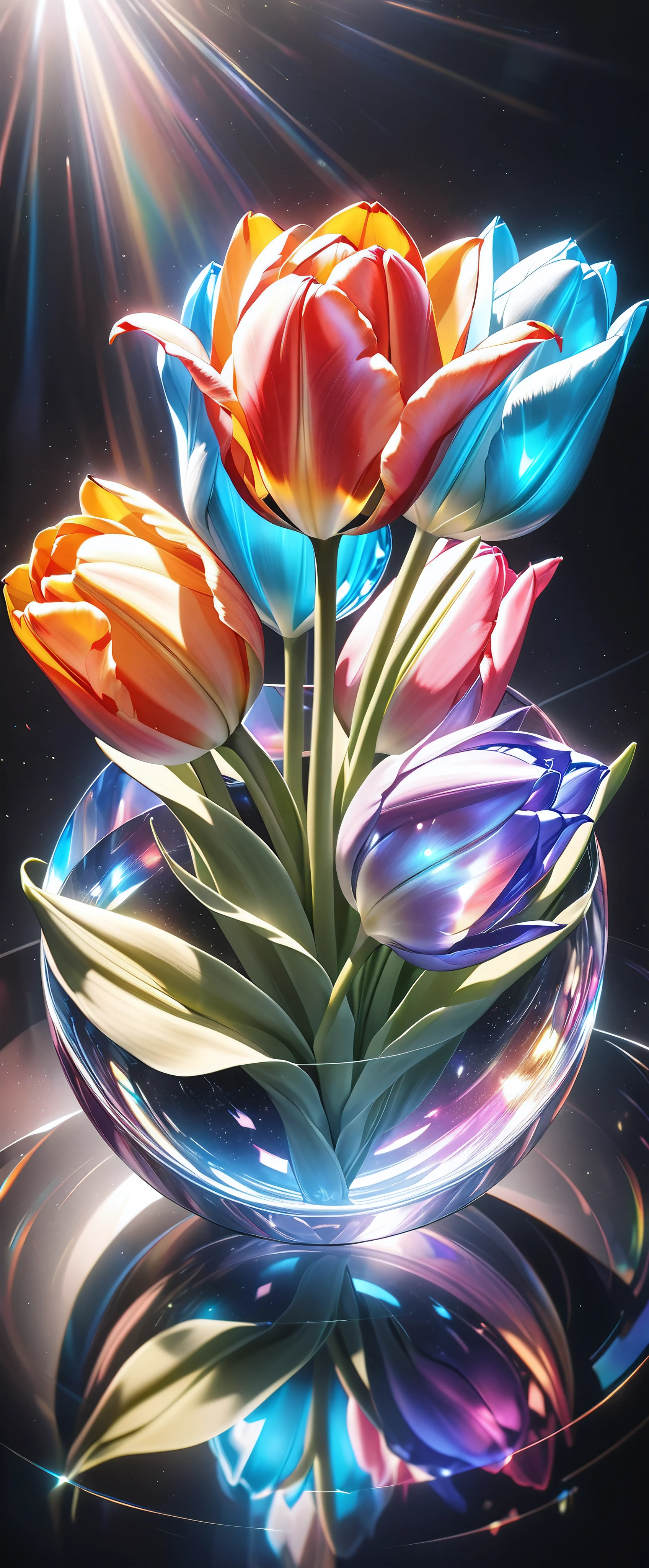 Ultimate realism, (Crystals form a tulip, ((Only one flower))), Extremely high transparency, Gloss, reflection, Absolute aesthetics that transmits light, (shot from above), dramatic, Detailed and accurate shape of tulip, ((Only one flower)), Holographic Spectrum, The only aesthetic that exists in a fantastical state of nothingness, NRART,