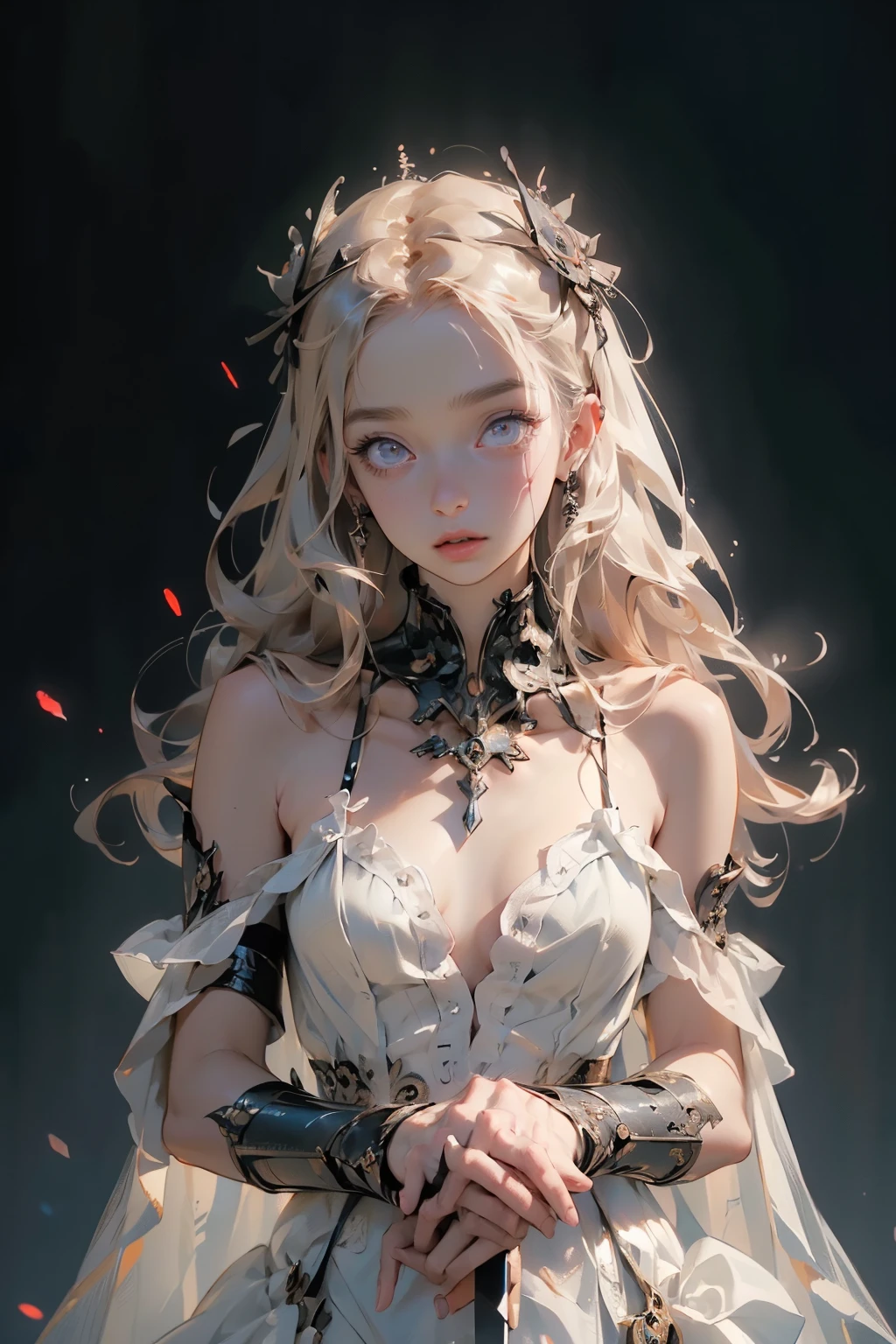 (((masutepiece, of the highest quality, super detailed))), (a female knight of an occult order), (minimal but intricate beautiful armour), Bloodborne inspired, occult aesthetic, occult, (red and white clothing detailed and intricate steampunk and detailed gothic), (with a hood), (((wielding a sword with digital glitch-like effect to the blade almost like it is flickering in and out of reality))), Complex laced boots, Fluttering lace flared long knee length dress with frilly petticoats, long dress, knee length dress, pleated petticoats, petticoats, (((( Highly detailed face))), (((Very sharp focused eyes))), very long eyelashes, beautiful small breasts, (((flat chest:1.1))), Very dramatic and cinematic lighting, full body, whole body, body, cosmic horror, grim dark