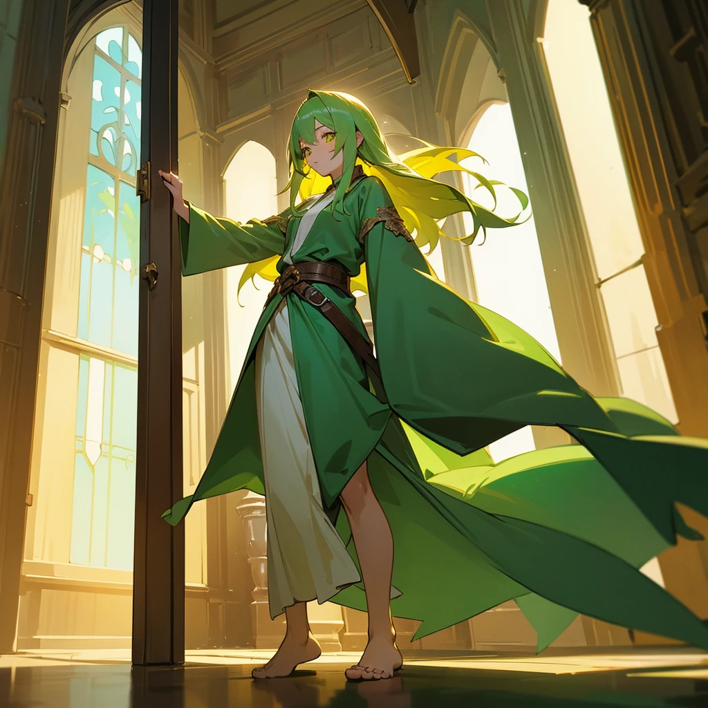 , High Quality, High Resolution 1girl, long yellow hair,green emerald eyes, green robe mage, fantasy, opening door from inside tavern, showing outside, medieval, determined look, no shoes, barefoot