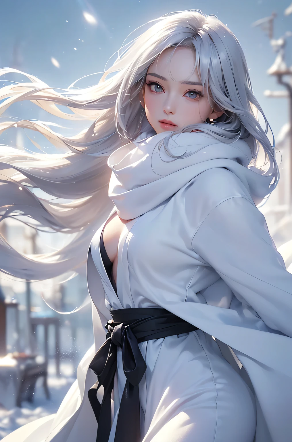 ((masterpiece:1.5、8k、Portraiture、Photorealistic and very detailed CG、Very detailed、Particle Effects、Dynamic Effects、Shallow depth of field、Cinematic Light、Lens flare、Ray Tracing、Tabletop、Realistic:1.4、Ultra-high resolution:1.2、Realistic、Realistic))((alone、,A woman wearing a cashmere coat over an off-the-shoulder dress:1.4、wear a long scarf、White Belt、coat、Elegant woman posing、Detailed face、brightexpression、young, bright, Whiter skin、small breasts、Best Looks、Ultimate beauty、Shiny silver hair with highlights、bright and shiny hair,、Super long, Silky straight hair、Hair dancing in the wind))(morning、outdoors, winter, snow falling)
