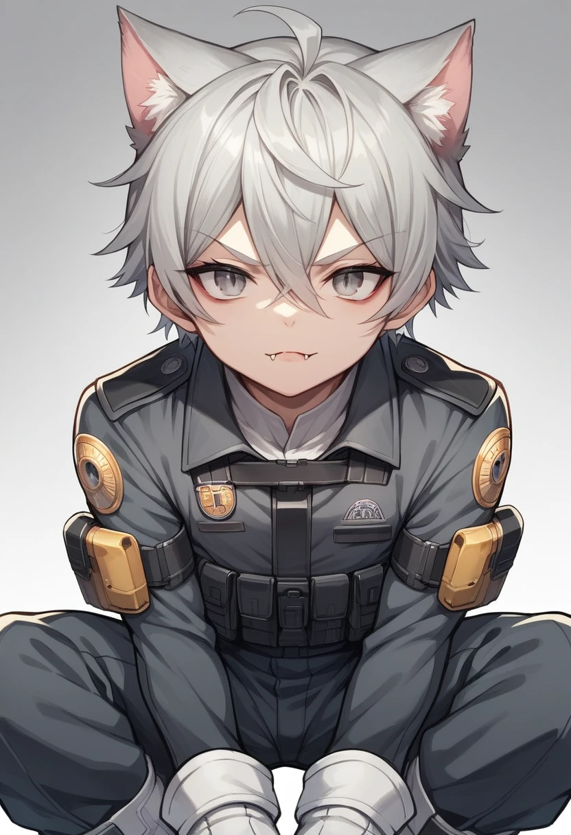 Young athletic man with androgynous appearance, with cat ears,grey hair,attractive face, handsome,small fangs come out of his mouth,grey eyes,tactical black suit,heavy duty white boots,detailed image,video game style,Unreal Engine,counter perspective dive,seen from bottom to top, look over the shoulder, trustworthy face