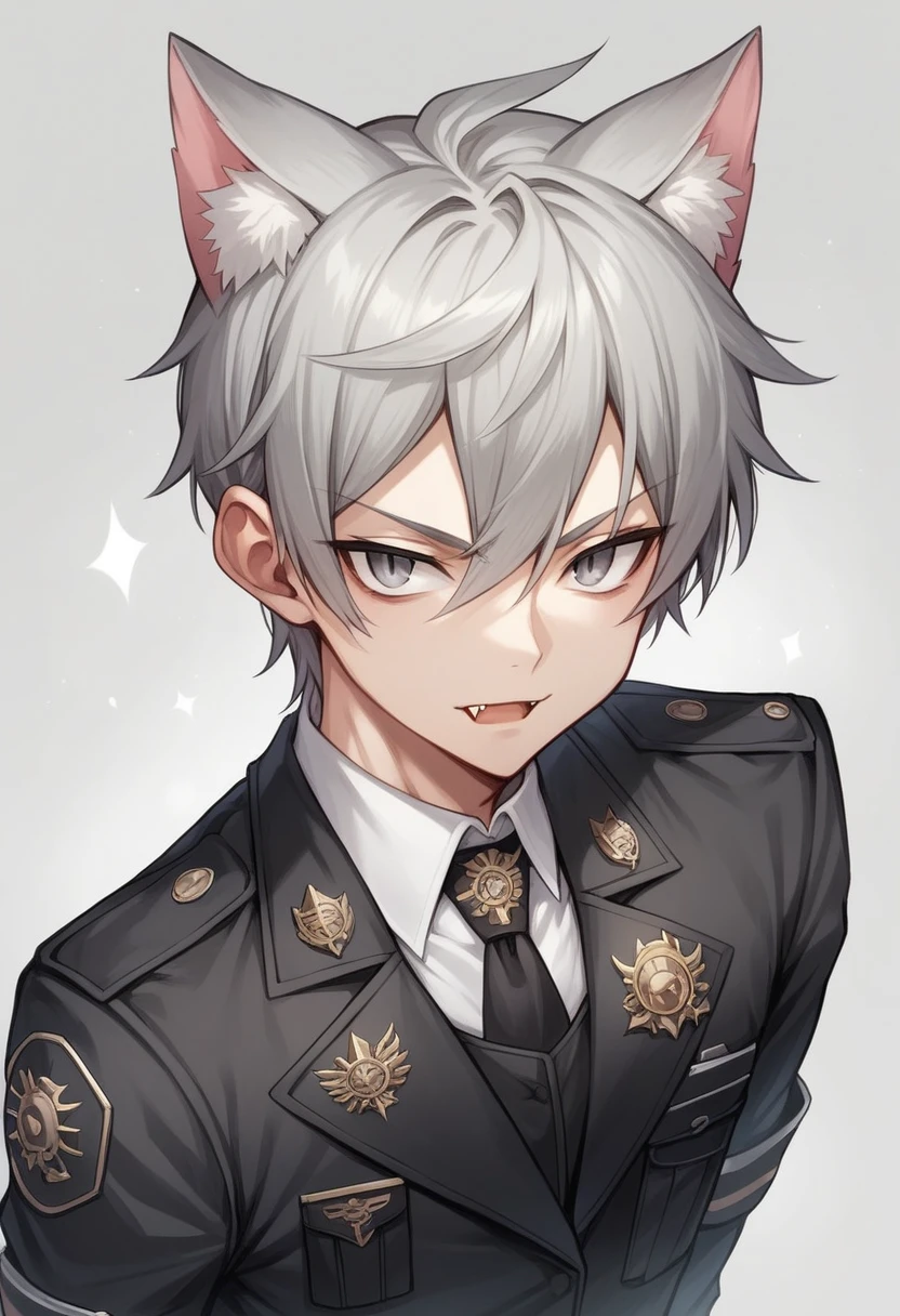 Young athletic man with androgynous appearance, with cat ears,grey hair,attractive face, handsome,small fangs come out of his mouth,grey eyes,tactical black suit,heavy duty white boots,detailed image,video game style,Unreal Engine,counter perspective dive,seen from bottom to top, look over the shoulder, trustworthy face