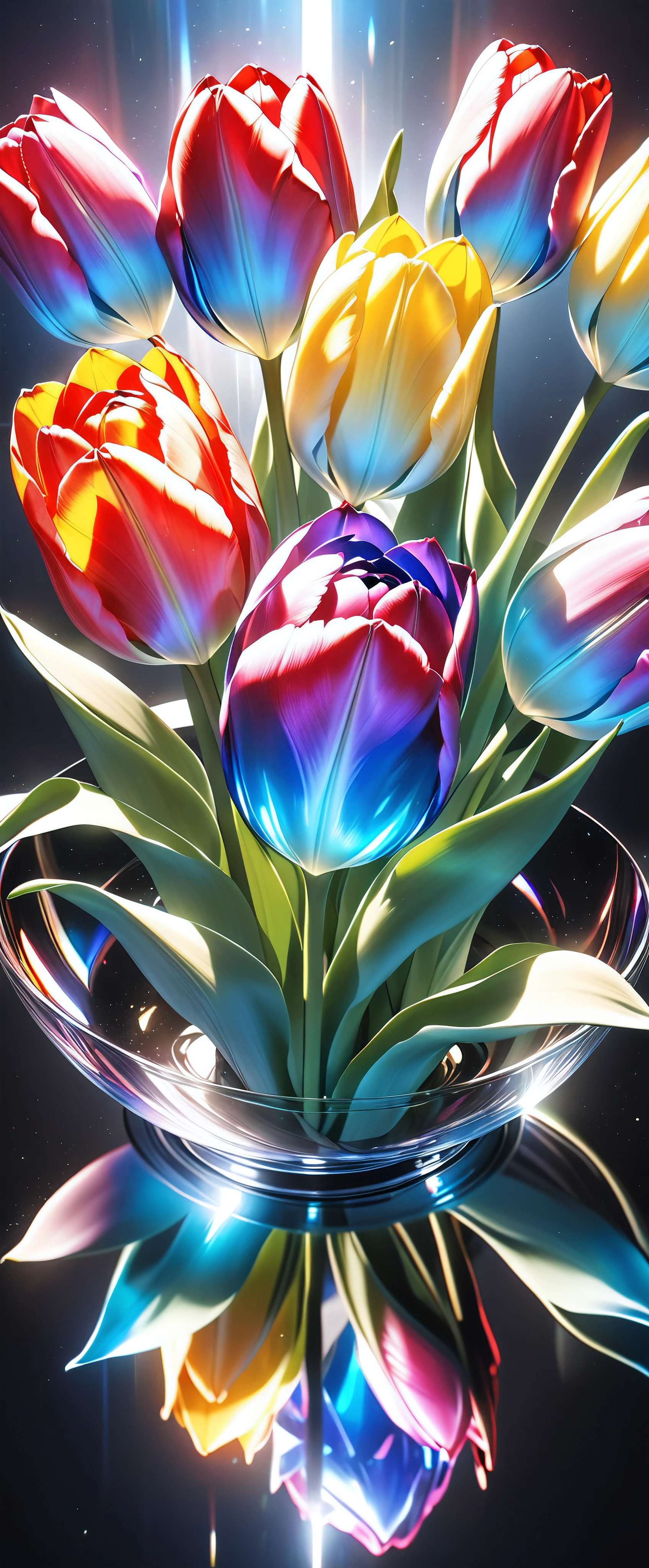 Ultimate realism, (Crystals form a tulip, ((Only one flower))), Extremely high transparency, Gloss, reflection, Absolute aesthetics that transmits light, (shot from above), dramatic, Detailed and accurate shape of tulip, Holographic Spectrum, The only aesthetic that exists in a fantastical state of nothingness, NRART,