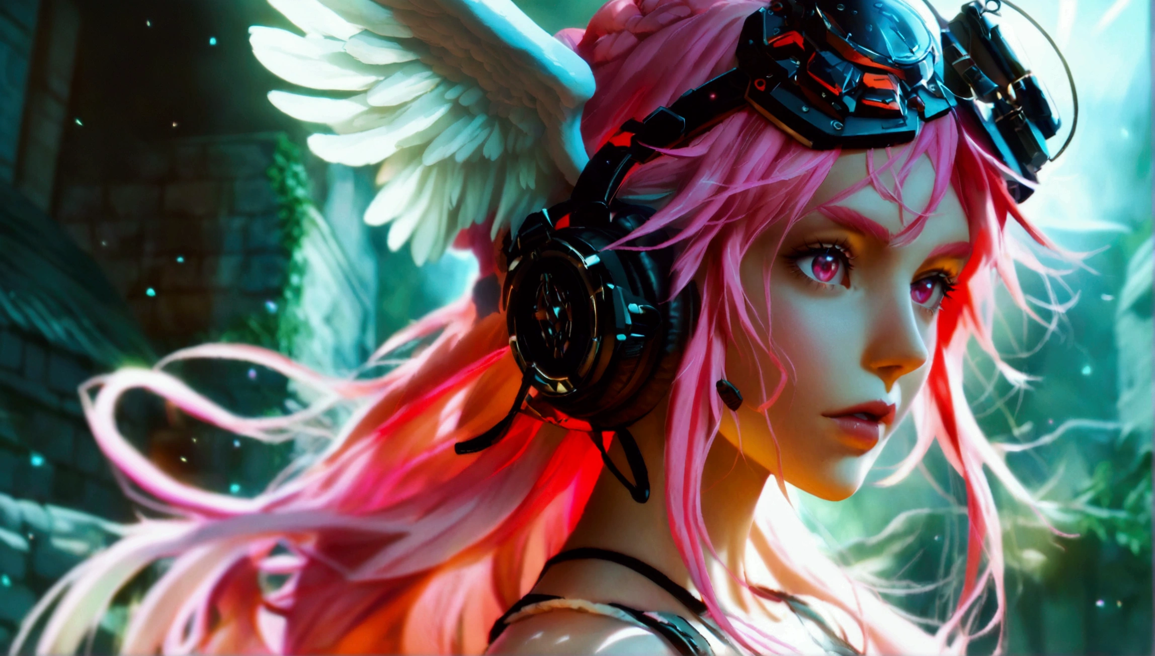 Strong woman of medium build, long pink almost white hair with white angel wings, wears clothes that mix strength and intelligence, fitness and nerd fashion, her head accessory is a black headset with lights that can change color, her face reflects determination and charisma, "Anime character design inspired by One Piece, full of dramatic and impressive lighting, focus on the centralized character, impressive face, full of creative details, ultra-fine 2D design, scenery bathed in creativity, boasting 2D anime resolution clarity, HD anime graphics, high-octane rendering"