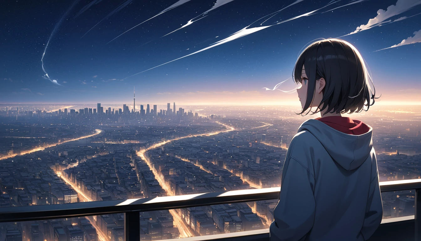 Starry Sky、One woman、Black Hair、Short Hair、Hair blowing in the wind、Wearing a hoodie、Back view、Full body portrait、Overlooking the city from afar
