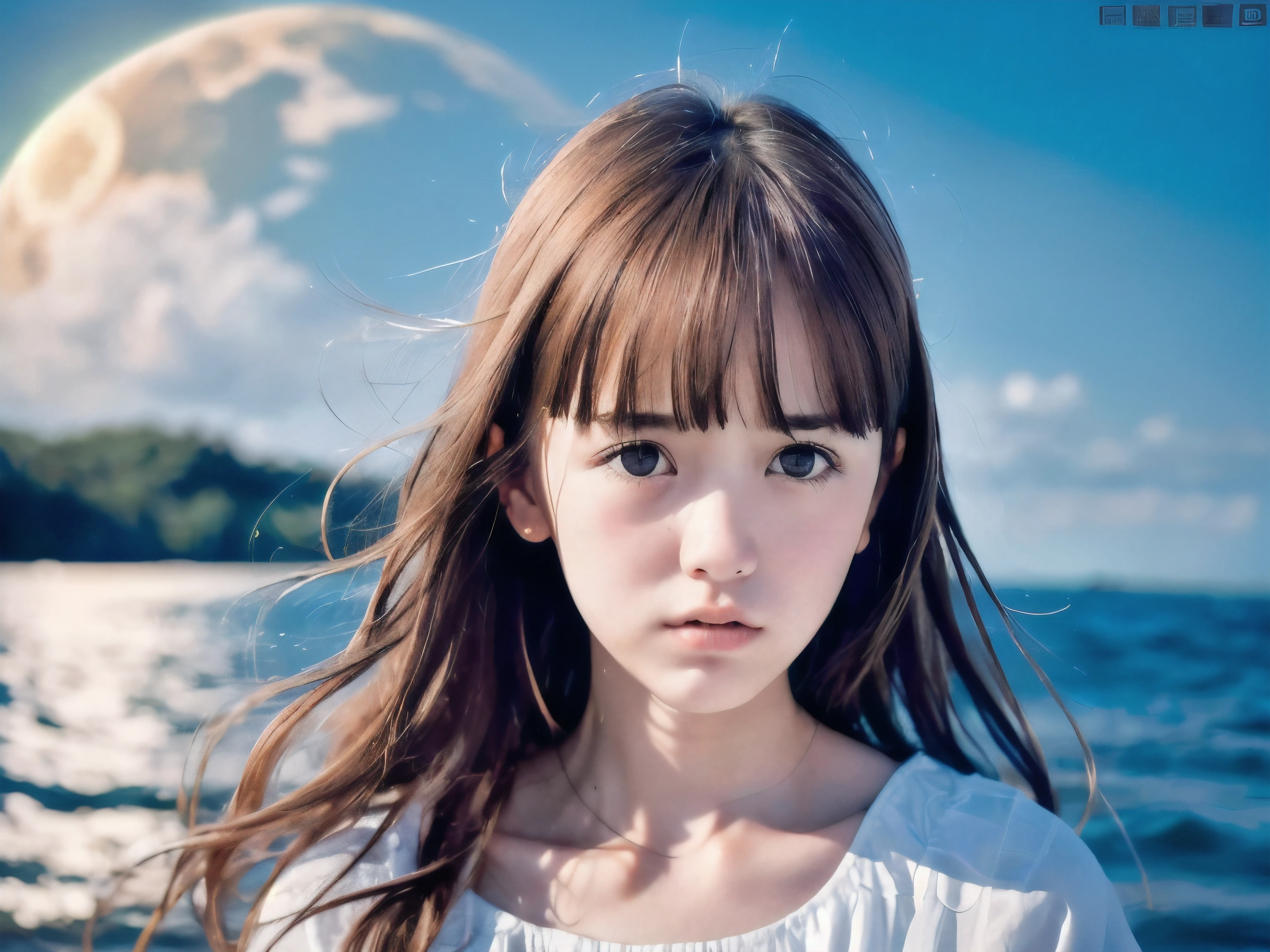 (Close up face shot of slender small-breasted red brown wavy long hair with dull bangs girl wearing a white summer dress:1.5)、(One girl is crying face with tears at the cape of the sea in Japan:1.5)、(Beautiful midnight with full moon on the sea:1.5)、(blurred background:1.5)、(Natural light:1.5)、(8k ultra detailed master piece:1.5)、(perfect anatomy:1.5)、(Photorealistic stick:1.5)、(Raw photo:1.3)、(highest quality:1.5)、(High resolution:1.3)、(Delicate and beautiful perfect face:1.3)、(Delicate and beautiful eye air skin:1.3)、(Real Human Skin:1.3)、((thin legs))