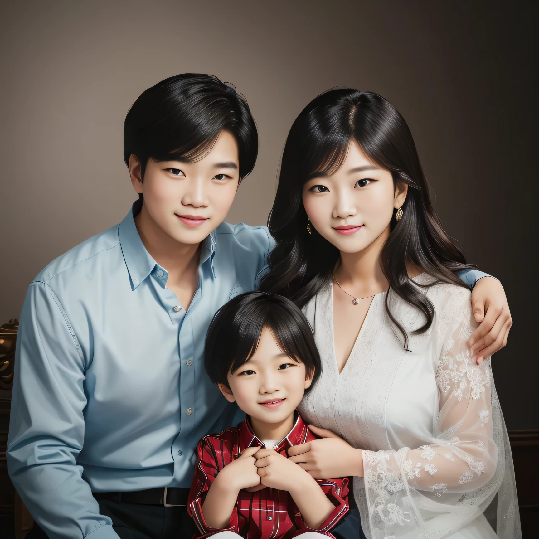 There were men and women and boys taking pictures., ภาพfamilyสามคน, ภาพfamily, familyมีความสุข, Detailed portrait, color studio photo, family, ภาพถ่ายfamily, Portrait photography, home photography, color picture, Husband, wife and son, classic portrait, 3 / 4 vertical,