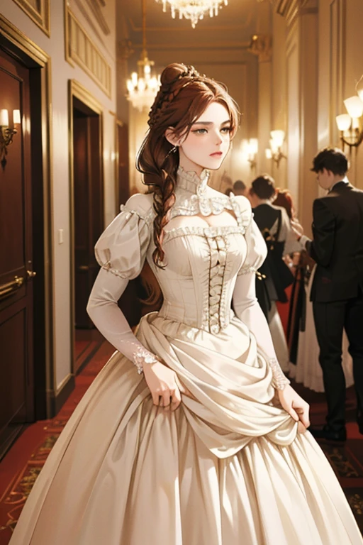 Beautiful aristocratic woman of victorian era, Europe in the 18th century, reddish brown hair,Exquisite high bun braid hairstyle, curls, elegant ballroom dress, Standing in the luxurious banquet hall, Delicate and meticulous, 8K, Reality, Dramatic Lighting, high quality, Complex design, classical portrait