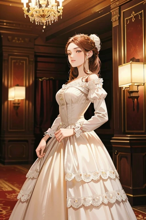 Beautiful aristocratic woman of victorian era, Europe in the 18th century, reddish brown hair，Exquisite high bun braid hairstyle, curls, elegant ballroom dress, Standing in the luxurious banquet hall, Delicate and meticulous, 8K, Reality, Dramatic Lighting, high quality, Complex design, classical portrait

