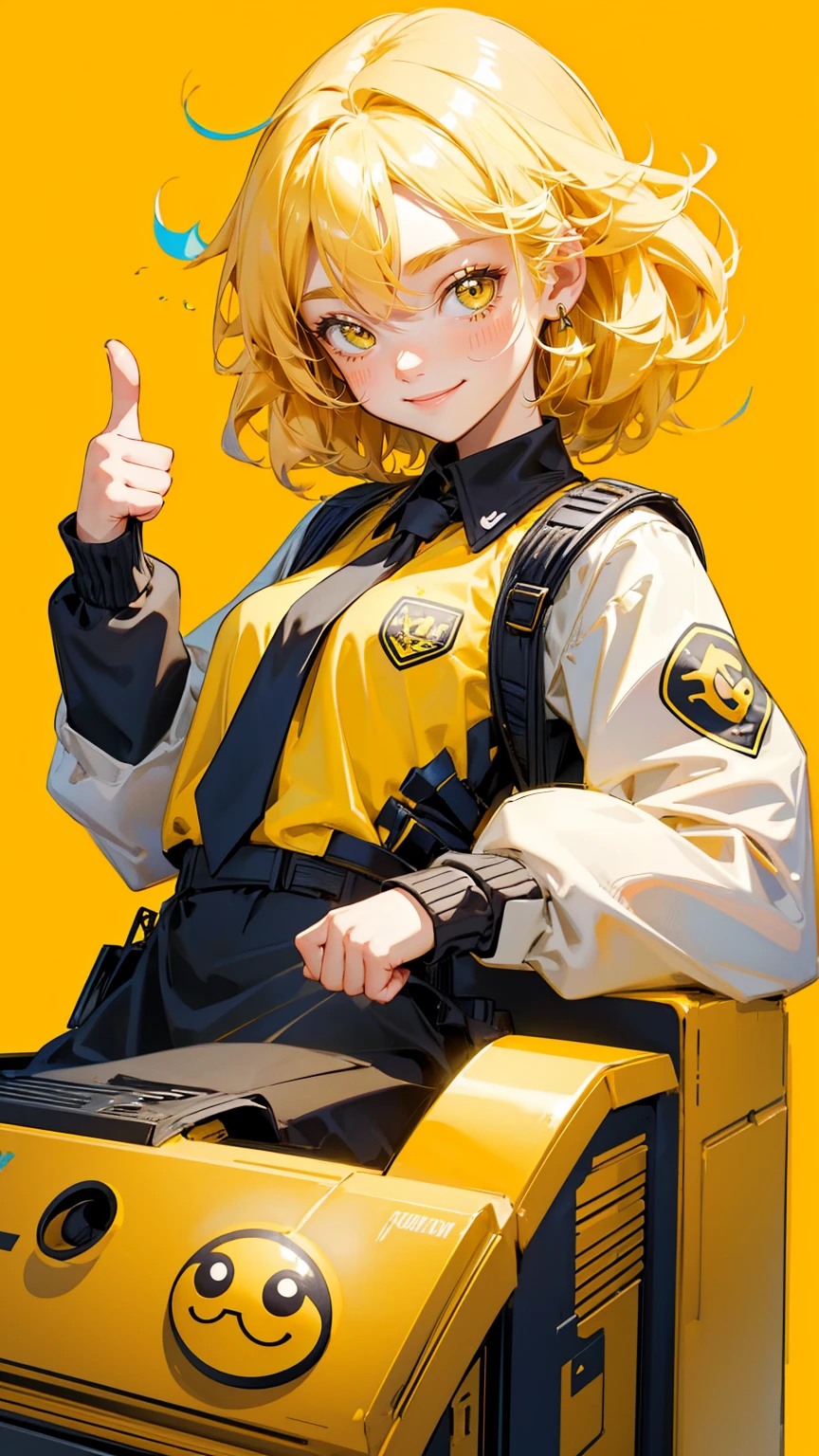 A beautiful girl at the bank counter, giving thumbs up to another character with yellow smiley face emblems on his suit and tie in front of him is sitting behind the cash register, there's a sign that says "RATHERguild" above it with icons representing various company logos, comic book style, simple lines, vector art, golden lighting, yellow tones, happy vibe, cheerful mood, cheerful tone, cheerful colors, cartoon illustration, flat design, low detail, cute, minimalistic, friendly, friendly vibe, yellow background, yellow tones, yellow color palette, yellow and white colors,