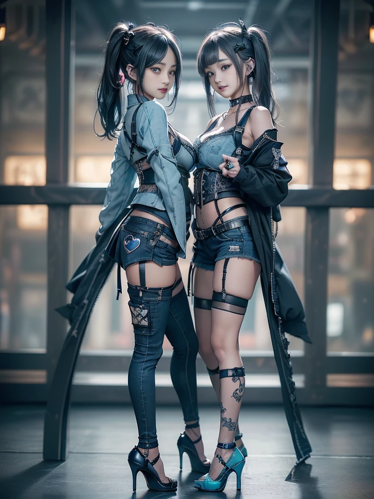 (Two Girls, 2 girls:1.5)、(Full Body View:1.2)、(Side view:1.1)、(Smiling with teeth showing:1.3),(Shibuya Gal:1.5)、(Beautiful:1.4)、(Neo-Goth Fashion:1.5)、(Punk RockVisual Kei:1.3)、(Futuristic turquoise, denim and navy blue bodysuit:1.5)、(Delicate denim and turquoise cardigan:1.5)、(Gorgeous decorated corset:1.4)、(Navy denim garter belt:1.5)、(Delicate denim, navy and black cargo pants:1.3)、(Heart-shaped silver accessories:1.5)、(Brown Skin Belt:1.4)、(Blue High Heels:1.4)、(Lace underwear:1.4)、20-year-old、Browsing Caution,((Highest quality、In 8K、masterpiece:1.3))、Sharp focus:1.2、(Layered Cut、Huge breasts:1.1),Beautiful woman with perfect figure:1.4、(Dance vigorously:1.3)、Slim Abs:1.2、Butt、Highly detailed face and skin texture、Fine grain、double eyelid,(Twin tails:1.3)、(Brownish golden hair:1.3)、Obscene、Idol Sculpture、(The two of them are posing together:1.3)、(In the background is a gorgeous medieval metropolis on a sunny day:1.3)、(Slimming your legs:1.4)、(The body is slim:1.3)、(clavicle:1.1)