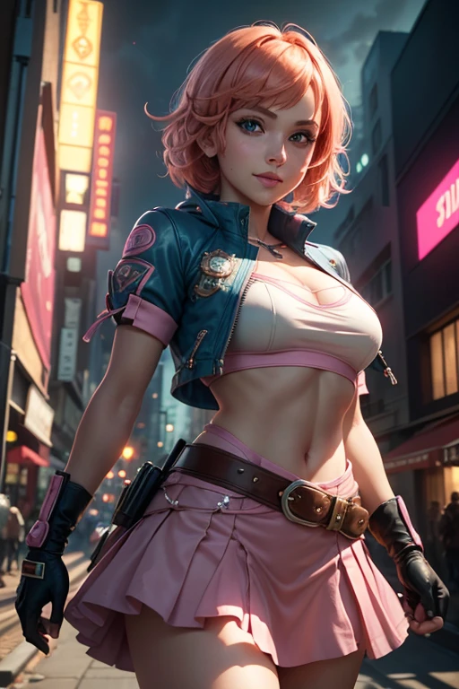 topless woman,cowboy shot, beautiful nora_valkyrie, looking at viewer, smile, short hair, blue eyes,heart cutout, gloves, jacket, pink skirt, pink belt, short sleeves, puffy sleeves, single armband, fingerless gloves, orange hair, pink gloves, dynamic pose, night, outdoors, city, (volumetric lighting), best quality, masterpiece, intricate details, tonemapping, sharp focus, hyper detailed, trending on Artstation
