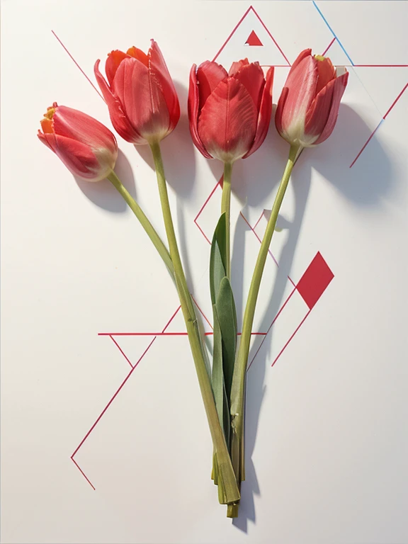 sketch, Tulips close-up, Angular geometric shapes, Vibrant colors, Abstract background, White flower、Red flower、colorful