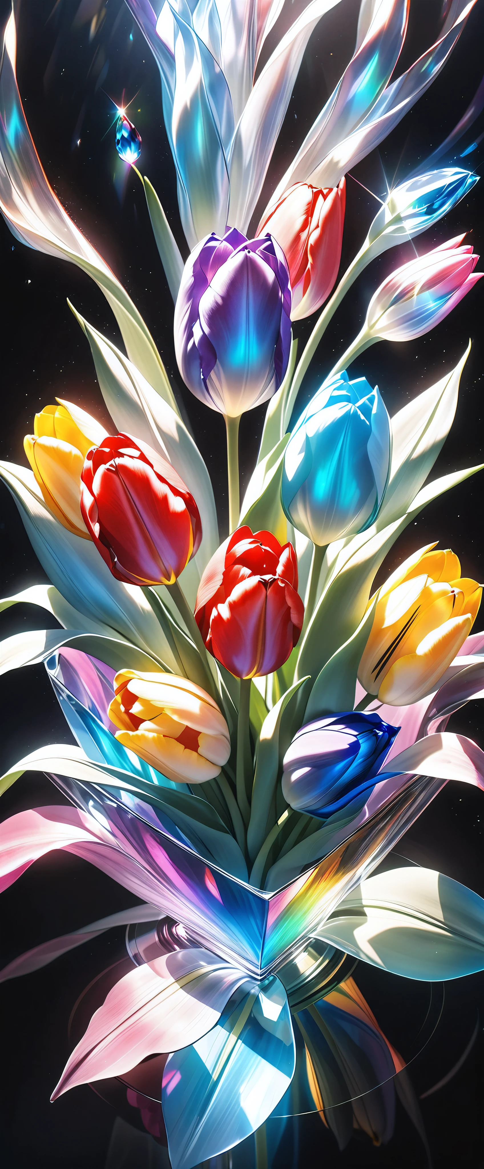 Ultimate realism, Crystals form a tulip, Only one flower, Extremely high transparency, Gloss, reflection, Absolute aesthetics that transmits light, (shot from above), dramatic, Detailed and accurate shape of tulip, Holographic Spectrum, The only aesthetic that exists in a fantastical state of nothingness, NRART,