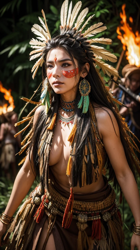 Beautiful Cherokee Indian woman with beautiful orange headdresses, red and beige, feathers made of bright neon of various colors, flares on camera, bokeh, full moon night, northern lights in the background
