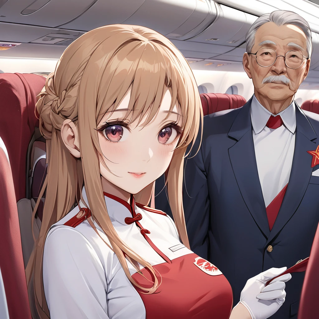 ((Highest quality)), ((masterpiece)), (detailed), (Perfect Face)、The woman is a Chinese flight attendant for Air China, named Yuuki Asuna, with light brown, medium-long hair.、The woman is wearing the red uniform of an Air China flight attendant.、The woman is a special flight attendant reserved for honorable members of the Chinese Communist Party, and is especially beautifully dressed to serve and be loved by the Communist Party members.、The woman was a first-class passenger, a dignified elderly man who was a member of the Chinese Communist Party, and was serving him with all her heart and soul.