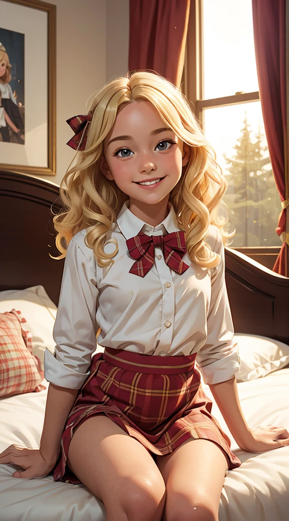 (masterpiece, best quality),1girl smiling with long Blonde curly hair sitting in a bed of her bedroom in front of her bedroom, blurry foreground, plaid short skirt, a white blouse with a loose bow tie, 8 yo, flat chest, very young,