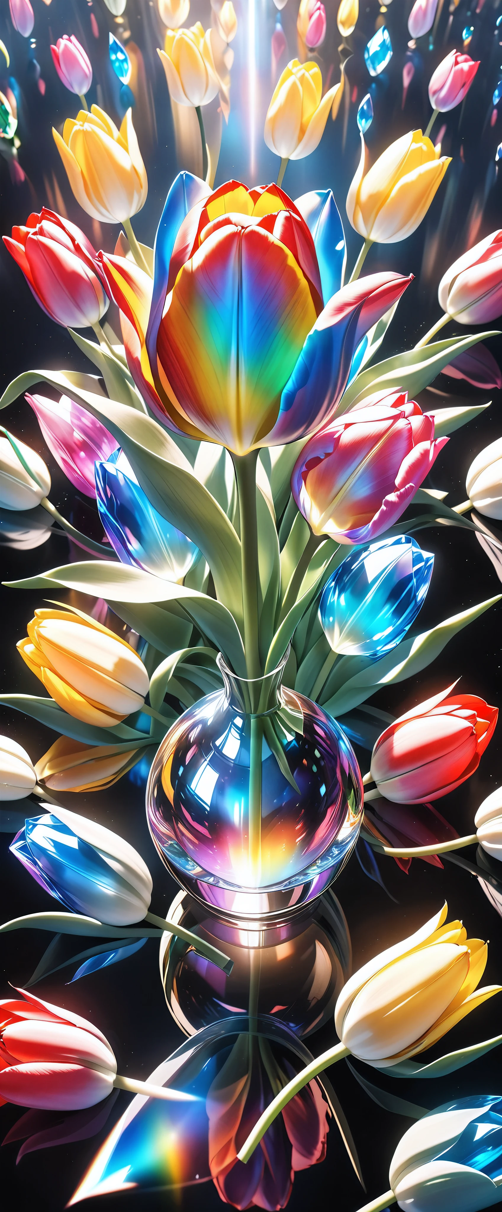 Ultimate realism, Crystals form a tulip, Only one flower, Extremely high transparency, Gloss, reflection, Absolute aesthetics that transmits light, (shot from above), dramatic, Detailed and accurate shape of tulip, Holographic Spectrum, The only aesthetic that exists in a fantastical state of nothingness, NRART,