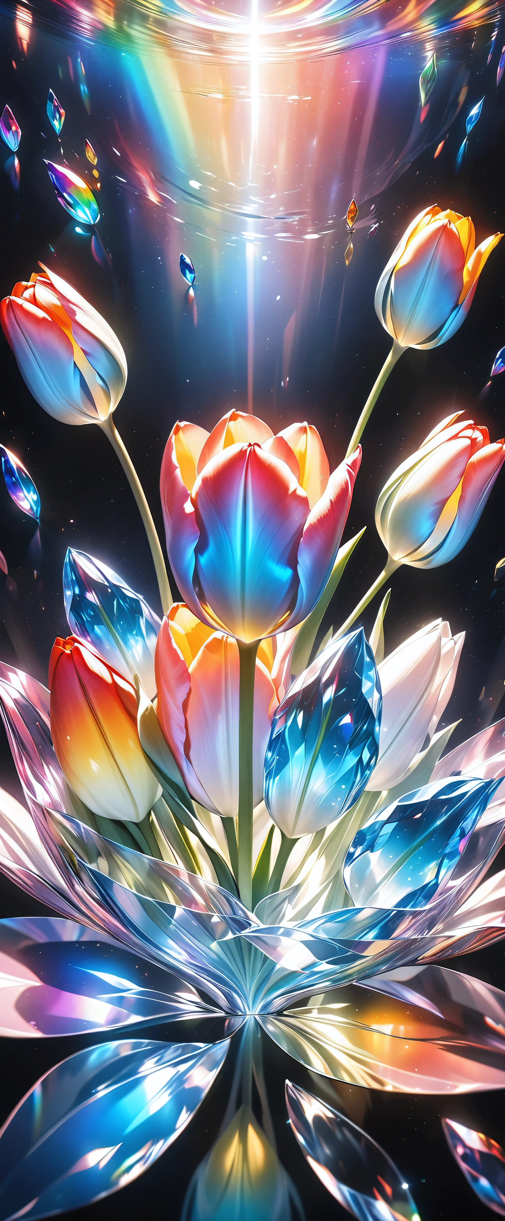 Ultimate realism, (Crystals form a tulip, ((Only one flower))), Extremely high transparency, Gloss, reflection, Absolute aesthetics that transmits light, (shot from above), dramatic, Detailed and accurate shape of tulip, Holographic Spectrum, The only aesthetic that exists in a fantastical state of nothingness, NRART,