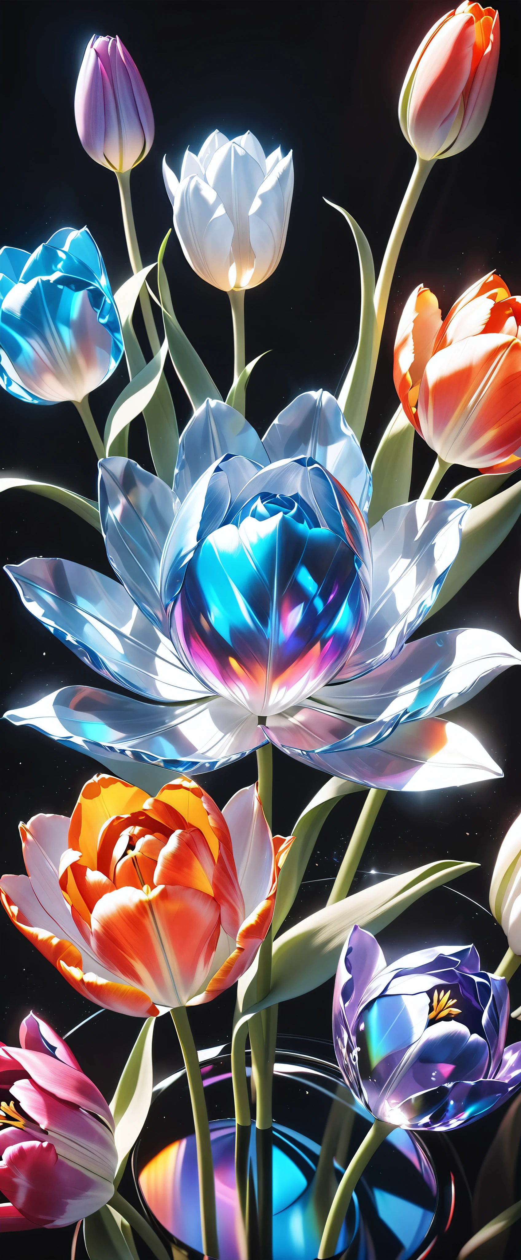 Ultimate realism, (Crystals form a tulip, ((Only one flower))), Extremely high transparency, Gloss, reflection, Absolute aesthetics that transmits light, (shot from above), dramatic, Detailed and accurate shape of tulip, ((Only one flower)), Holographic Spectrum, The only aesthetic that exists in a fantastical state of nothingness, NRART,