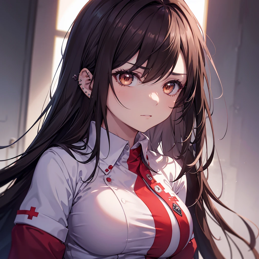 a nurse with long hair, intense expression, no headwear, large breasts, detailed portrait, anime style, high resolution, photorealistic, chiaroscuro lighting, intricate details, piercing gaze, sinister aura, beautiful brown eyes, sharp facial features, powerful presence