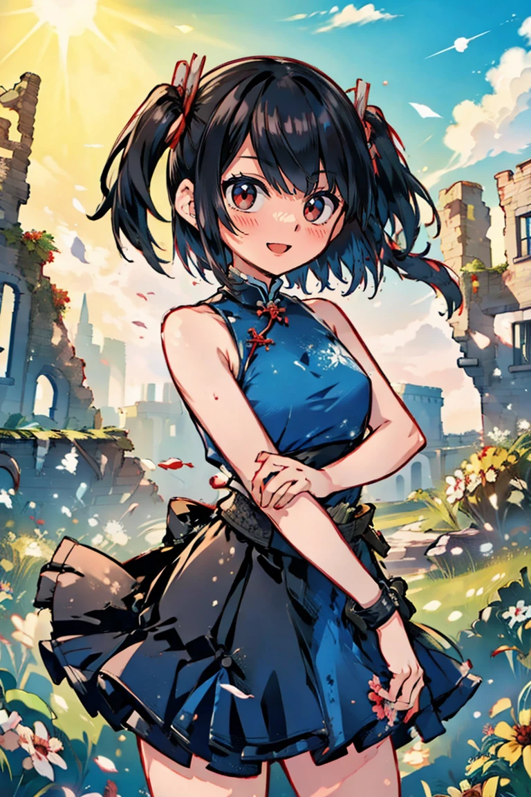 (masterpiece:1.2), (high quality:1.2), hasuichi nishizono, girls with((1girl, solo, black hair, (medium hair, right swept bangs, one side up:1.55), bare shoulder, blush, breasts, cowboy shot, cheongsam, sleeveless, hand cuffs, blue cheongsam, (open dress:1.34), black shorts)), background with((fantasy world, ruin, castle, beautiful sky, shining sky, sunshine:1.35))