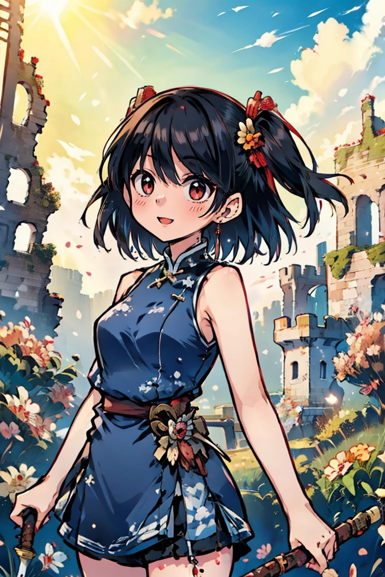 (masterpiece:1.2), (high quality:1.2), hasuichi nishizono, girls with((1girl, solo, black hair, (medium hair, right swept bangs, one side up:1.55), bare shoulder, blush, breasts, cowboy shot, cheongsam, sleeveless, hand cuffs, blue cheongsam, (open dress:1.34), black shorts)), background with((fantasy world, ruin, castle, beautiful sky, shining sky, sunshine:1.35))