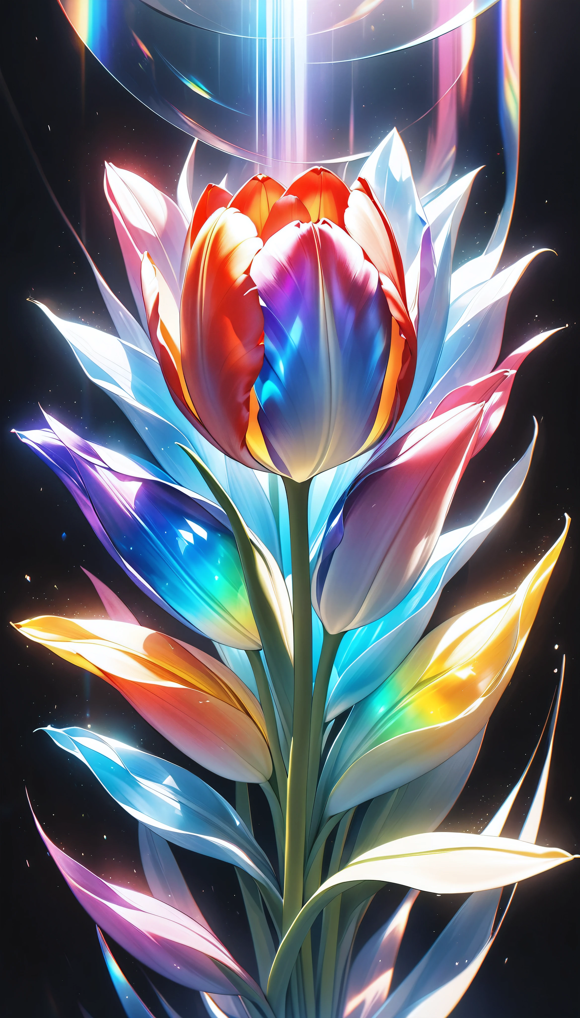 Ultimate realism, Crystals form a tulip, Only one flower, Transparent and Absolute Aesthetics, (shot from above), dramatic, Holographic Spectrum, The only aesthetic that exists in a fantastical state of nothingness, NRART, 