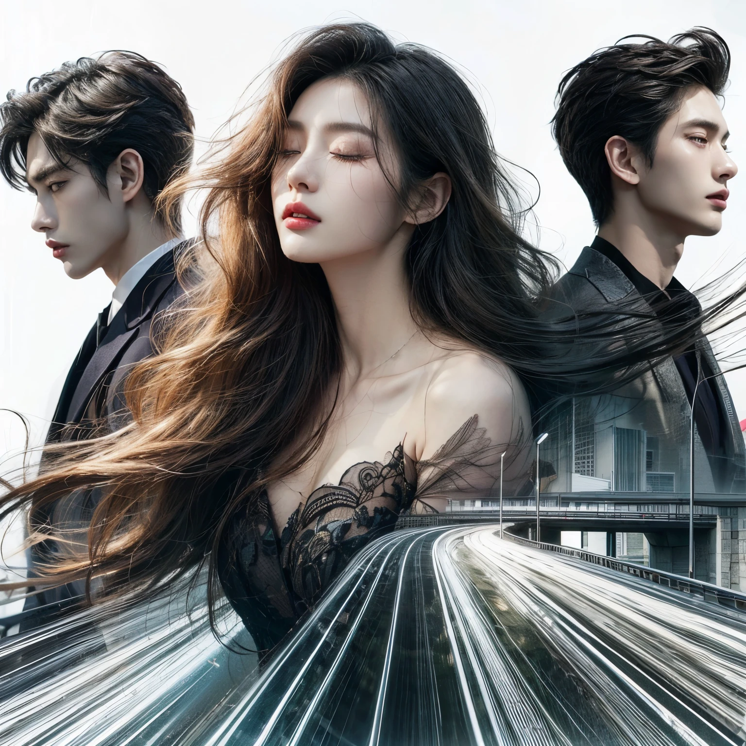 "4K HD fashion illustration: A beautiful female model with a Korean face with long hair flowing gracefully, wearing a luxurious dress. The pose of holding back tears with pursed lips and closed eyes creates a dramatic silhouette. Two handsome male models with a Korean face with contrasting fashion styles stand next to her. The abstract highway background with airbrush effects and double exposure produces a unique visual composition."