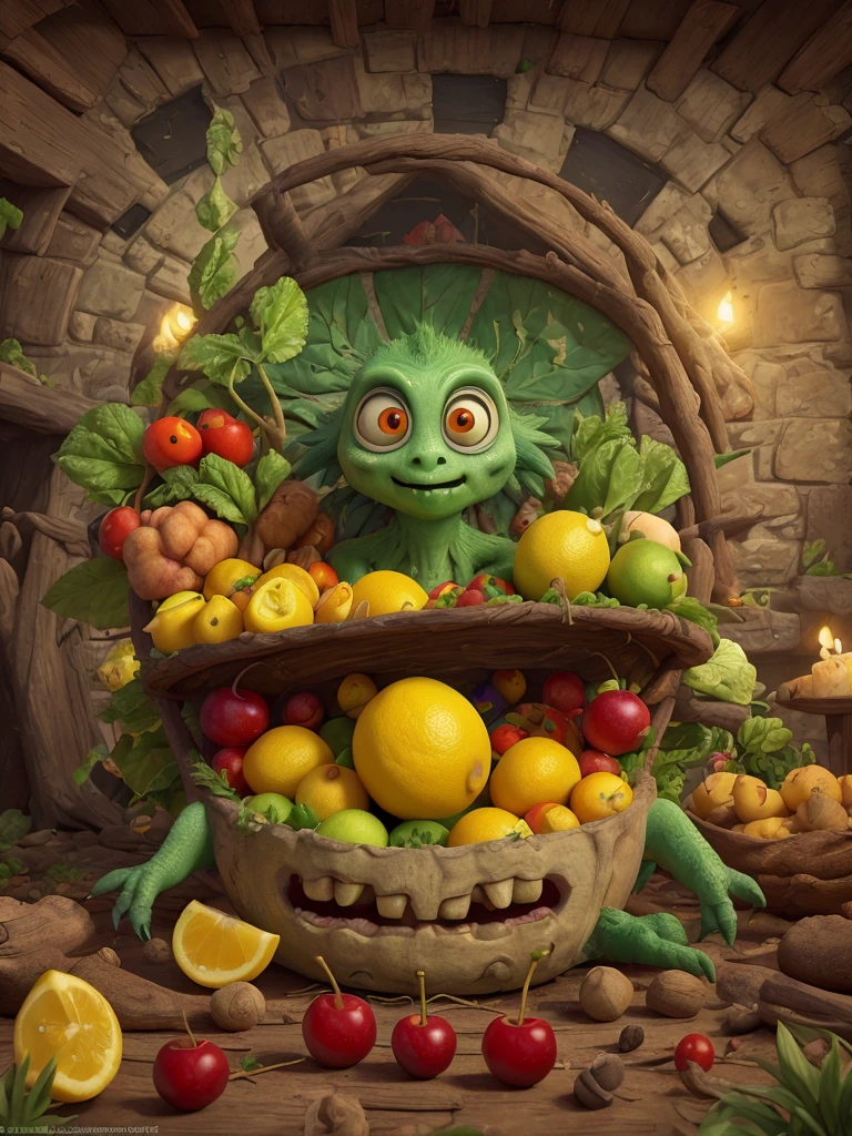 Lemon as rotten zombie omelette zombie eyes cherry parrot horror breakfast horror, vegetables scary, hieronymus bosch, seb mckinnon, ivan shishkin