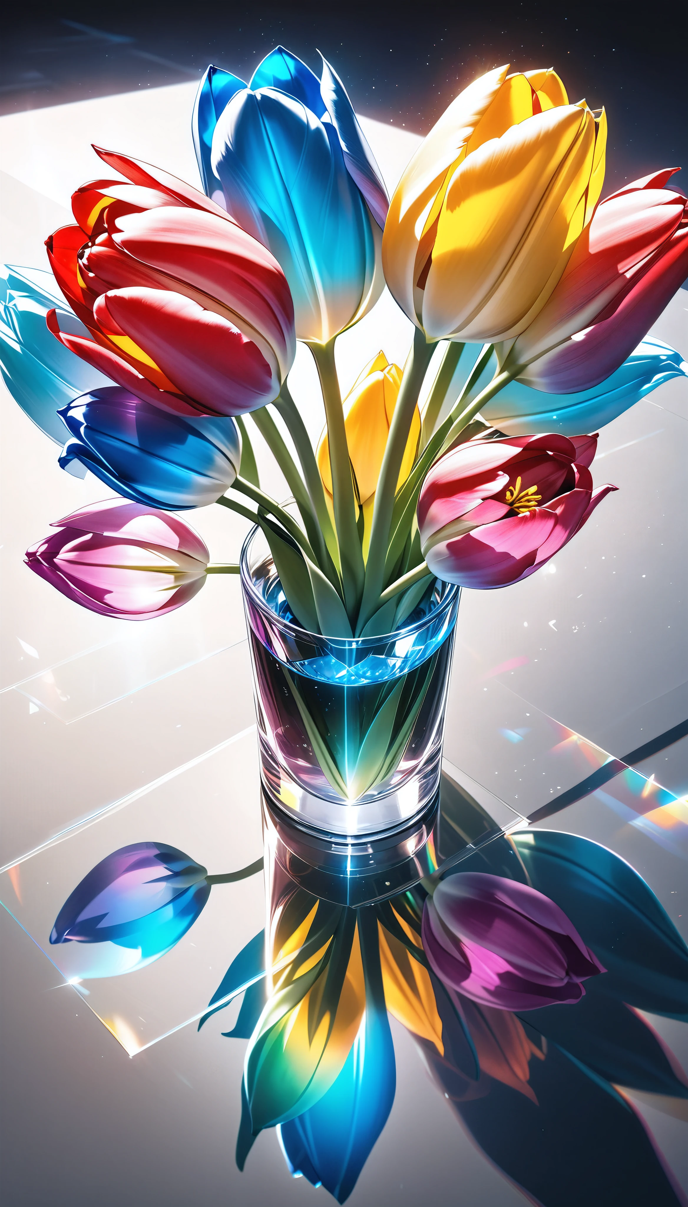 Ultimate realism, Crystals form a tulip, Only one flower, Extremely high transparency, Gloss, reflection, Absolute aesthetics that transmits light, (shot from above), dramatic, Holographic Spectrum, The only aesthetic that exists in a fantastical state of nothingness, NRART, 