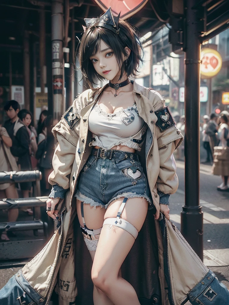 (Full body image:1.4)、(Side view:1.1)、(Smiling with teeth showing:1.3),(Shibuya Gal:1.5)、(hostess:1.4)、(Neo-Goth Fashion:1.5)、(Punk Rock Visual Kei:1.3)、(Futuristic white baby doll, Beige and denim:1.5)、(Delicate denim short jacket, Beige and navy:1.5)、(denim garter belt:1.5)、(Denim and white cargo pants:1.3)、(Heart-shaped silver accessories:1.5)、(Brown Skin Belt:1.4)、(Blue High Heels:1.4)、(Lace Underwear:1.4)、20-year-old、Browsing Caution,((Highest quality、In 8K、masterpiece:1.3))、Sharp focus:1.2、(Layered Cut、Huge boobs:1.1),Beautiful woman with perfect figure:1.4、(Posing as a gravure model:1.3)、Slim Abs:1.2、Butt、Highly detailed face and skin texture、Detailed eyes、double eyelid,(short hair:1.3)、(Black brown hair:1.3)、Obscene、idol carving、(A luxurious amusement park at night:1.3)、(Slimming your legs:1.4)、(Thin thighs:1.4)、(the body is slim:1.3)、(clavicle:1.1)