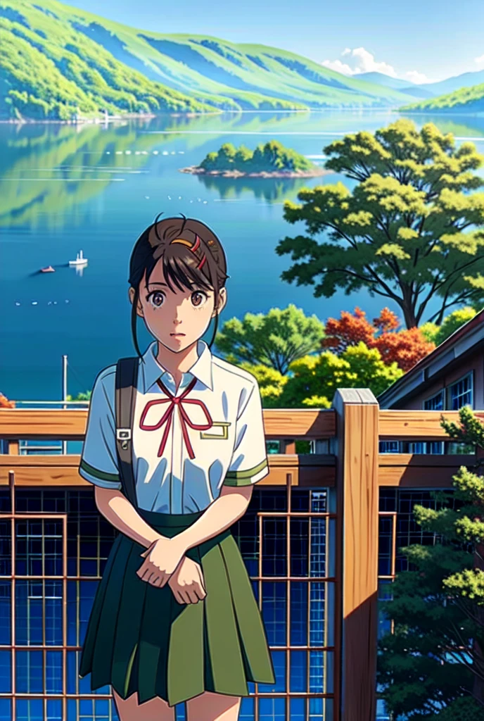 suzu_me, 1 girl, solo, (standing), (looking at viewer:1.2),upper body, brown eyes, black hair, hairclip, single drill, red ribbon, short sleeves school uniform,(green school skirt), outdoors,(light rays:1.2),(sun:1.2),(blue sky:1.1), park,(flowers:1.1),(lake:1.2),(mountains:1.2),(city:1.2),lawn,trees,from above,