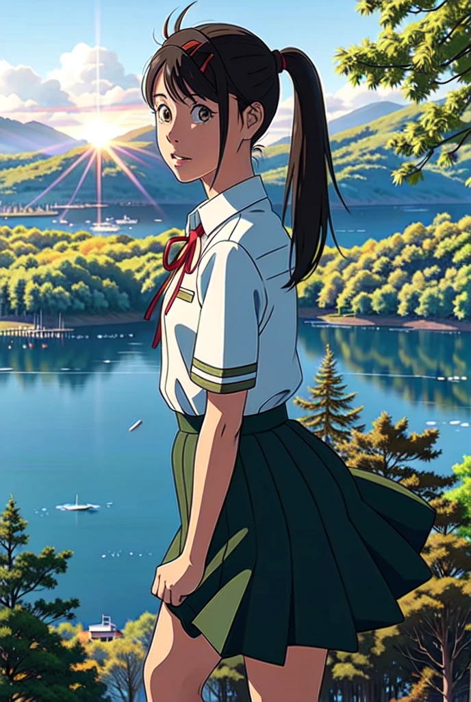 suzu_me, 1 girl, solo, (standing), (looking at viewer:1.2),upper body, brown eyes, black hair, hairclip, single drill, red ribbon, short sleeves school uniform,(green school skirt), outdoors,(light rays:1.2),(sun:1.2),(blue sky:1.1), park,(flowers:1.1),(lake:1.2),(mountains:1.2),(city:1.2),lawn,trees,from above,