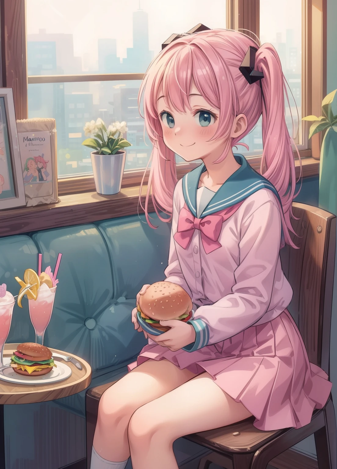 (masterpiece、Highest quality、Highest quality、Official Art、Beautiful and beautiful:1.2)、(One girl:1.3)Hatsune Miku、Twin tails,Beautiful breasts, Katsushika Hokusai,(masterpiece:1.5), Highest quality, Very detailedな, Very detailed, Exquisite, 16K, Full HD, so beautiful, Absurd, Anime Style, One girl, high school girl, woman, 17 years old, shoulder-length pink hair, smile, , Sailor suit or blazer and skirt, Holding a small burger, Eat a little, Bright lighting, The lively atmosphere of a fast food restaurant, Table with drinks, Other students in the background, Evening cityscape outside the window, Soft light illuminating the room, Focus sharply on the subject, Vibrant colors, Bright and warm atmosphere