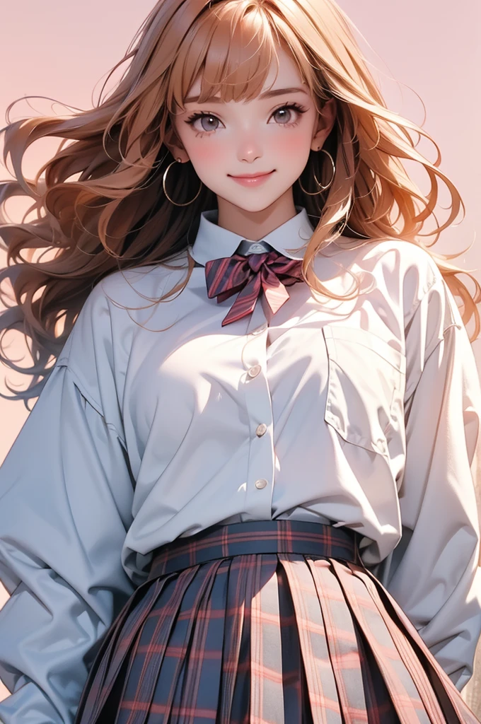 high resolution,smile,happy,light smile,woman,woman1人,adult,Clear,cute, Orange Hair,BREAK, Light brown eyes,BREAK,wavy hair,long hair,blunt bangs,BREAK, high school girl,uniform,White Y-shirt,Long sleeve Y-shirt,BREAK, Dark blue plaid skirt,Pleated skirt,BREAK, hairpin, Facing forward,BREAK,Pink background,