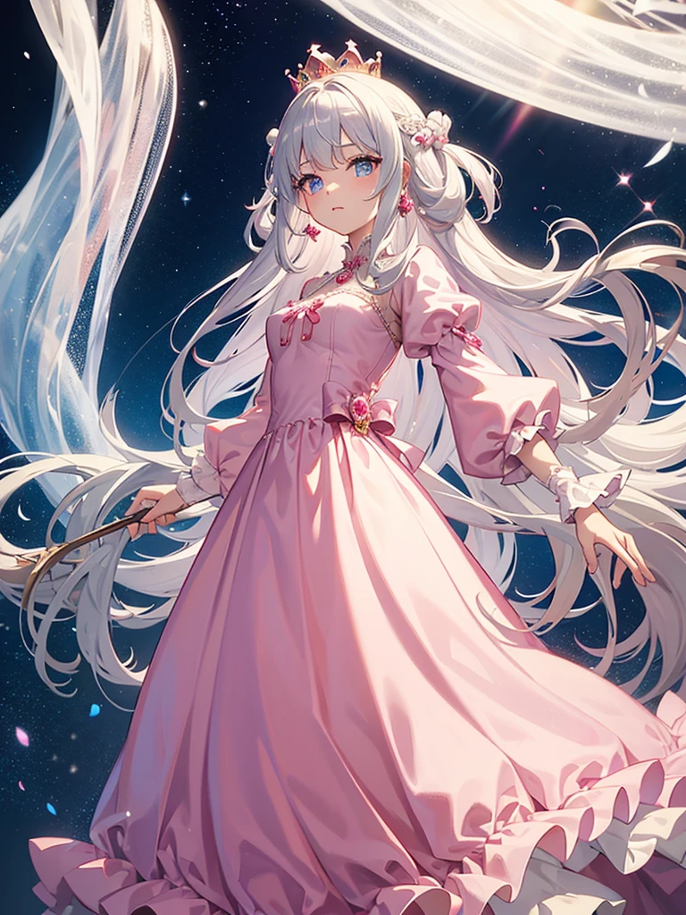 Princess, princess dress, pink dress, puffy sleeves, breasts, tan skin, crown, long hair, silver hair, blue eyes, 1girl, Solo, wind, ribbons, bowe, dress lift, leggings, earings, long dress