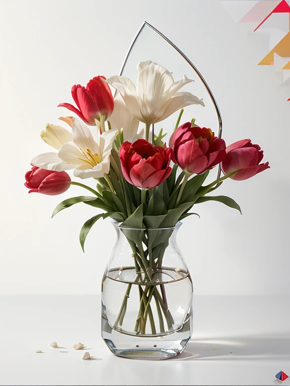 sketch, Modern Art, Tulips close-up, Angular geometric shapes, Vibrant colors, Abstract background, White flower、Red flower、colorful