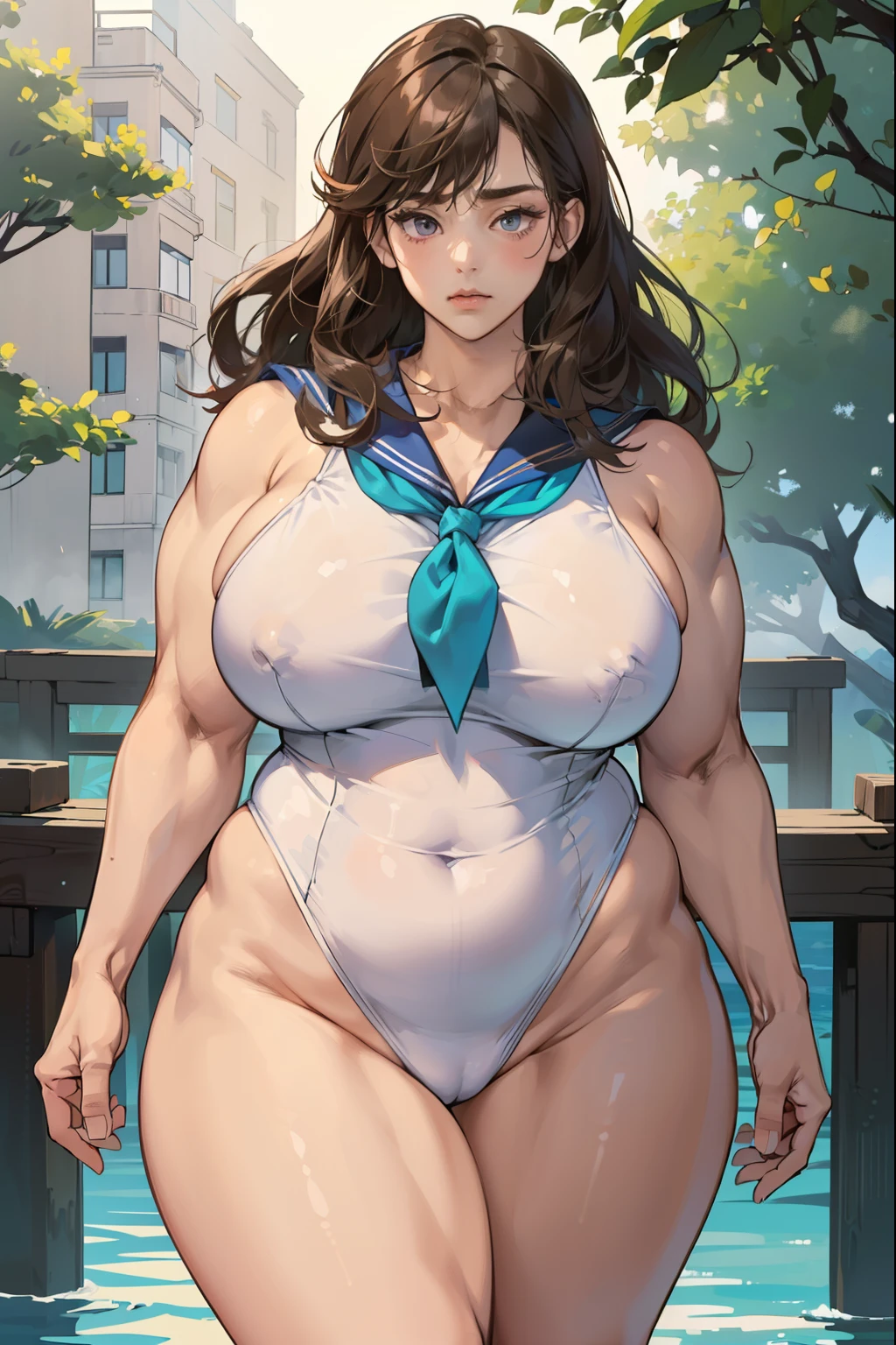 (((((Woman with brown skin, Muscular))))), ((thick thighs, 非常にLarge Breasts,、Strong Body、), Long Hair、Jet black hair, alone, Glowing Skin, it was foggy, ,Bridge pier, Bristles,Are standing、Big body women、naked,Strong Body、pubic hair,Muscular in the forest,Composition from the front,Muscular and wide hips,Muscular and wide torso,Muscularの, Widebody,thick, Muscularの腕,thick, Muscularの脚,Muscular and broad shoulders,bodybuilder,nakedの美しい女性,Large Breasts,long, saggy breasts,,Deep purple eyes,Woman with beautiful face,Expressionless,,,Strong Woman,Right in front of the viewer,,Muscular女性,Big body and broad shoulders,thick Women,,sexy,Stand in front,正面にAre standing女性,A woman standing directly in front,真っ直ぐにAre standing,Fat woman,Fleshy ladies,Plump woman,Chubby woman,,A woman in a tight sailor suit
