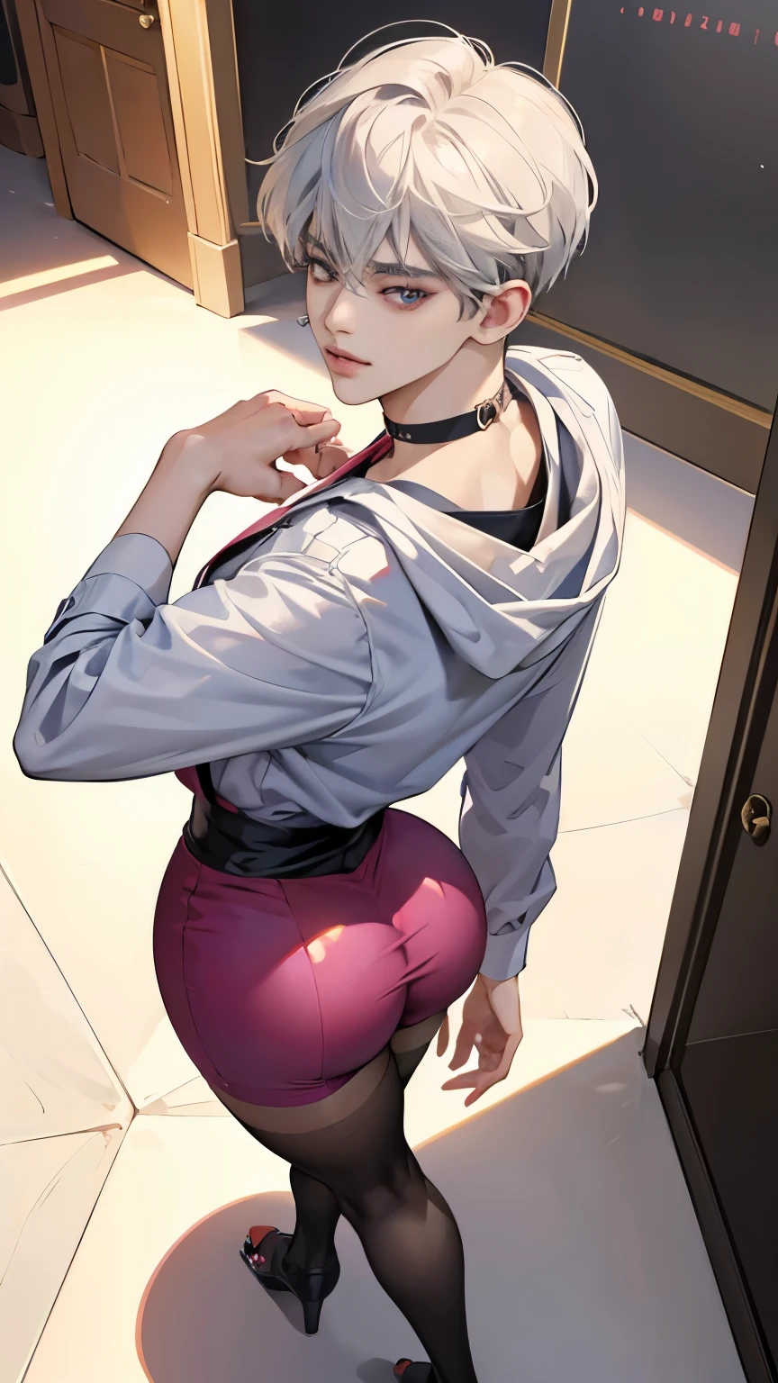 1 male, ((femboy)), Guviz-style artwork, made with anime painter studio, anime realismスタイル, Realistic anime art style, painted in anime painter studio, Inspired by Kim Taehyung, In an anime style, anime handsome guy, Inspired by Kim Taehyung, anime realism, White hair, A smile, a choker, Multiple piercings, Man with short hair, Male one, (((Inspired by Kim Taehyung))), bustup, hoody, ((round buttocks)), big ass, big bulge crotch, pink stockings, high heels, (micro school skirt), (POV from above), (Best quality: 1.5), (masterpiece: 1.5), (2.5D), (good definition), (detailed face), (well-drawn face) (1 character), (exaggerated proportions), (hentai), (perfect anatomy), (character in the center), (absurd), (4k wallpaper), (detailed eyes), (perfect hands), (perfect fingers), (skin beautiful), (shiny skin), (perfect shadows), (perfect lighting), (full body), (beautiful eyes), (masterpiece), (pretty face), is in a school toilets and a man gropes him in an erotic and vulgar way, standing