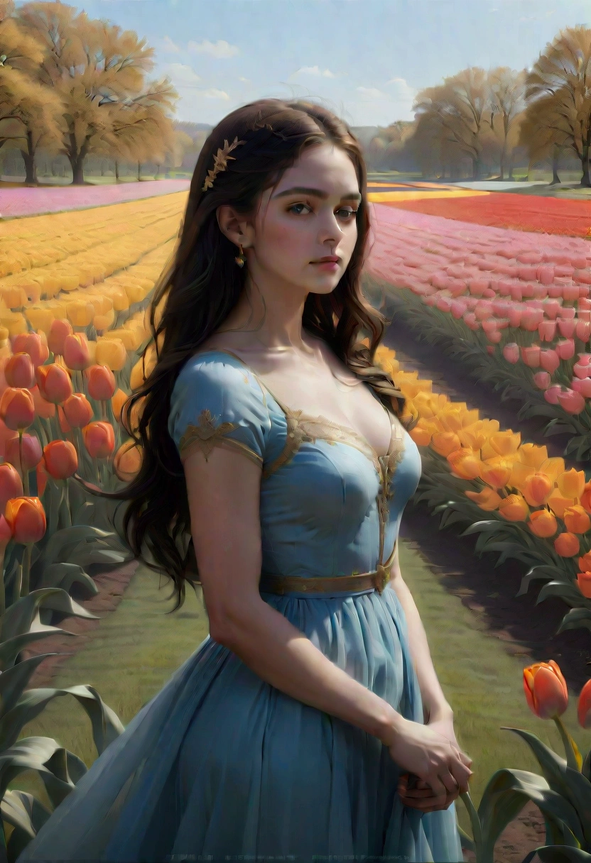 1girl, A field of vibrant tulips, beautiful detailed petals, lush green foliage, serene countryside landscape, warm golden hour lighting, (4k,8k,highres:1.2), ultra-detailed, HDR, UHD, studio lighting, ultra-fine painting, sharp focus, physically-based rendering, extreme detail description, professional, vivid colors, landscape, natural lighting, scenic, idyllic, masterpiece, best quality, very aesthetic, absurdres