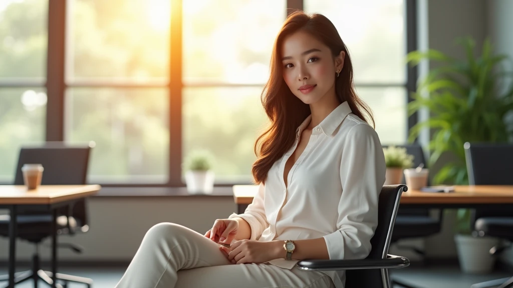 "A young woman in a white blouse and light pants, holding a laptop in a modern office setting. She is sitting on a chair near a large window with natural light streaming in, casting a warm glow on her face. Background features blurred office elements like desks, chairs, and plants, providing a professional atmosphere. Add a few coffee cups and papers on nearby desks to enhance the busy office feel. Ultra-detailed, realistic lighting, 16k resolution, corporate office environment, vibrant colors, dynamic angle."}