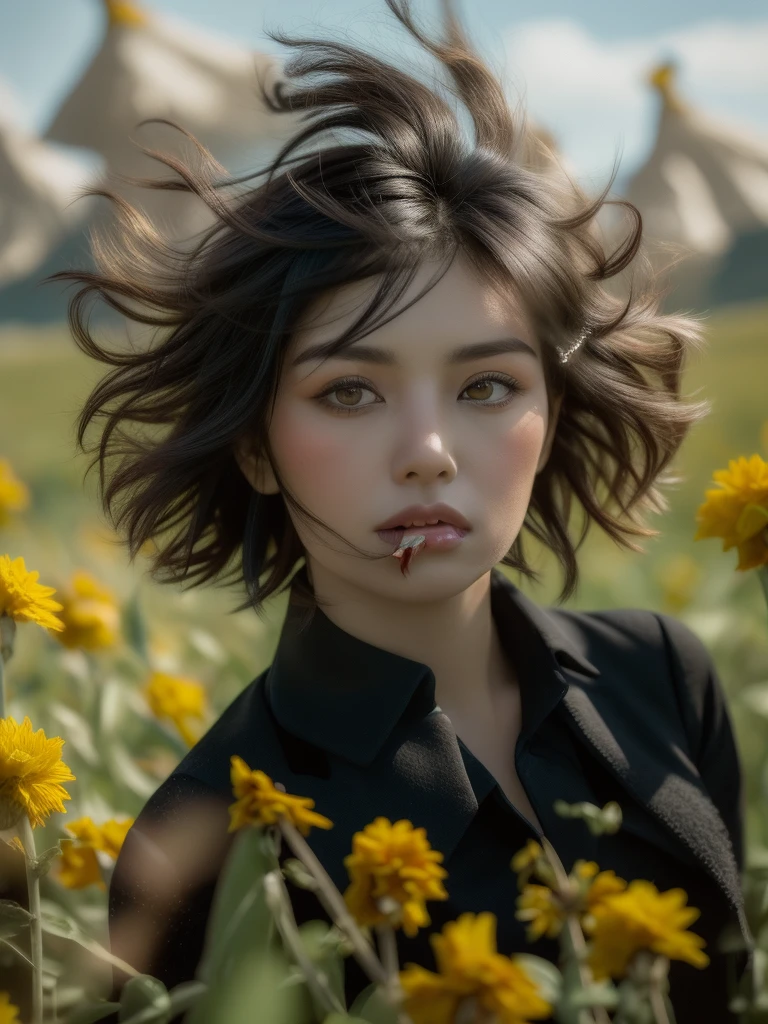 (Detailed wide shot:1.3), (best quality image:1.4)(Black short hair blowing in the wind:1.5), kazakh women in black woollen shirt, in wild meadow, summer, sunlight, surreal view, real object, same posing, looking at viewer, sharp focus, dramatic shadow, ultra highly detailed, film looks, realism