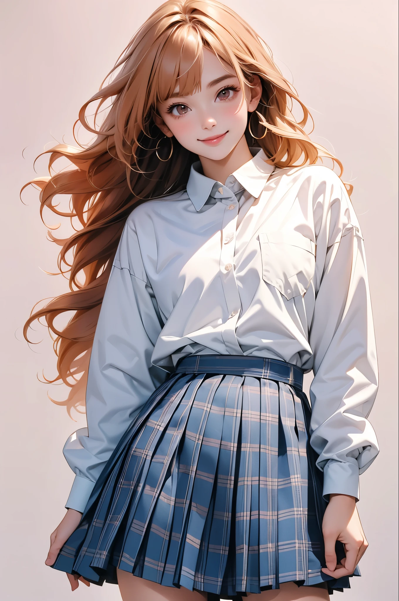 high resolution,smile,happy,light smile,woman,woman1人,adult,Clear,cute, Orange Hair,BREAK, Light brown eyes,BREAK,wavy hair,long hair,blunt bangs,BREAK, high school girl,uniform,White Y-shirt,Long sleeve Y-shirt,BREAK, Dark blue plaid skirt,Pleated skirt,BREAK, hairpin, Facing forward,BREAK,Pink background,