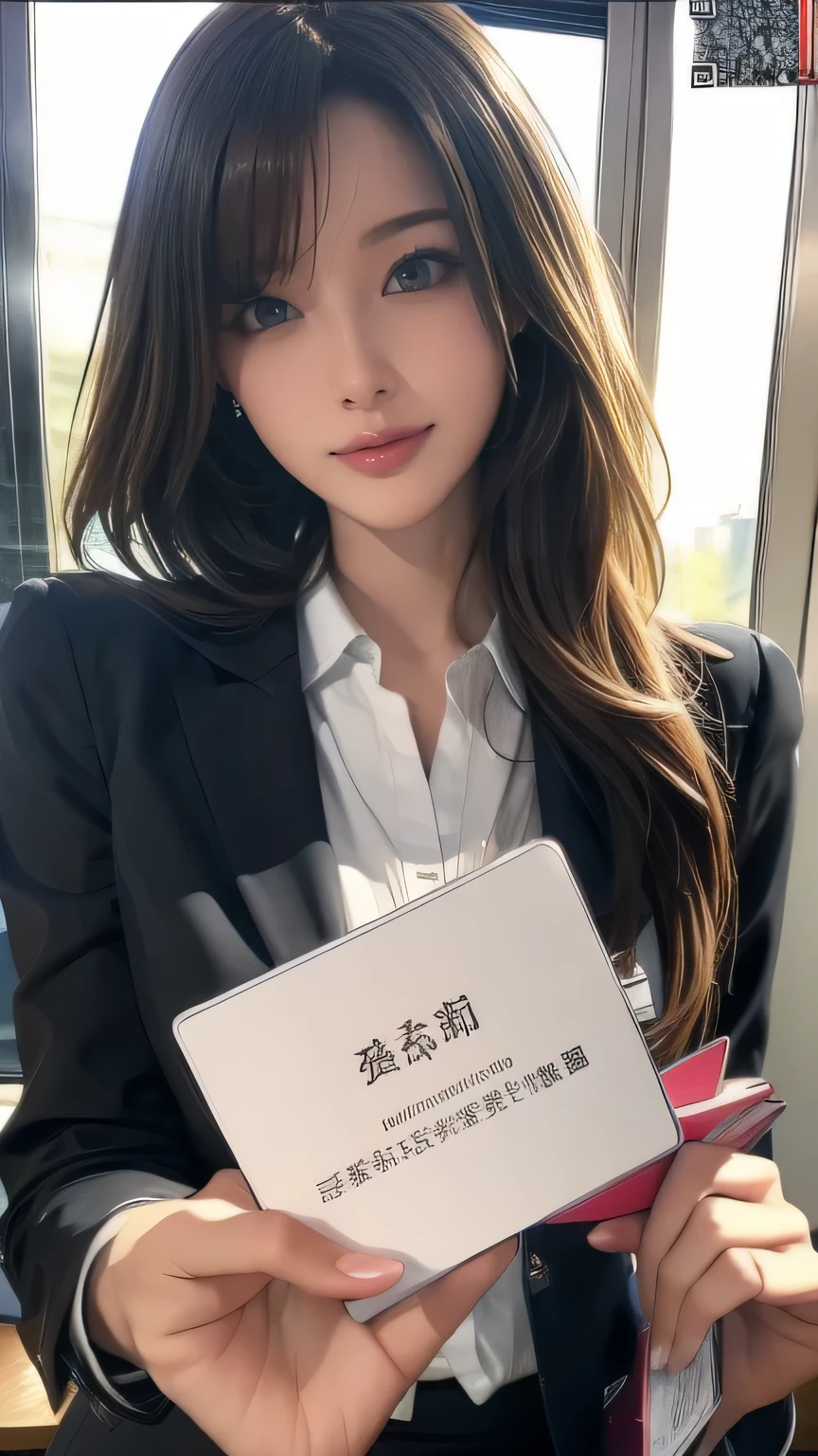 A cute business card with an address on it、A pretty female teacher is giving it to a male high school student、In the school classroom、Close-up of business card、Hand