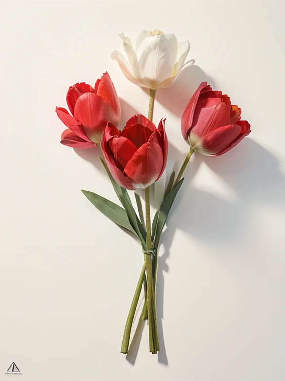 sketch, Modern Art, Tulips close-up, Angular geometric shapes, Vibrant colors, White flower、Red flower、colorful