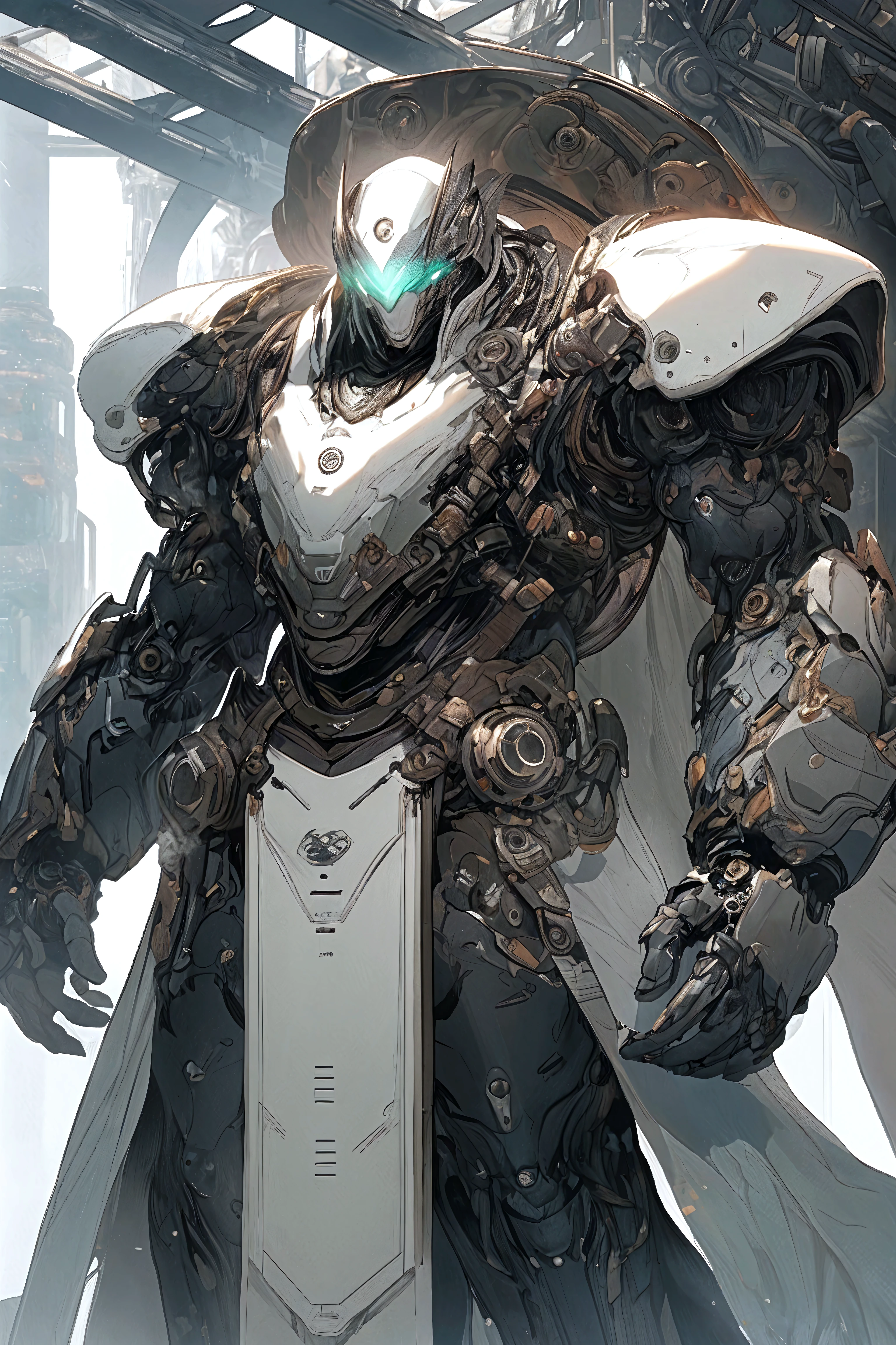 Dark_Fantasy,Cyberpunk,1manMechanical marvel,Robotic presence,Cybernetic guardian,holy Knight mechanical armour, absolutely stunning art,wearing a black cloak, highest quality art, highest resolution, hyper detailed,white knight with gold outlines,highest quality digital art, Stunning art, wallpaper 4k,8k,64k, HD, unparalleled masterpiece, dynamic lighting, cinematic, epic