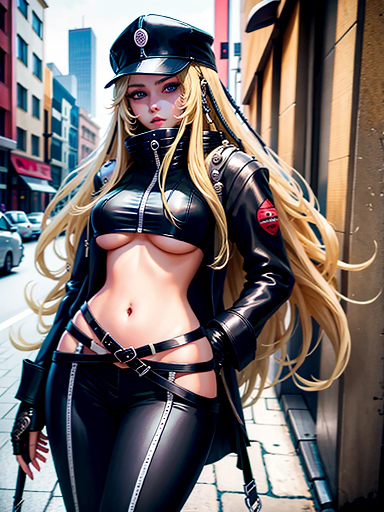 Masterpiece, Best quality, Beautiful detailed eyes,, 1girl, Single, long hair, Looking at the viewer, Big breasts, gloves, long sleeves, Navel, Standing, Jacket, Side locks, Cowboy shot, open clothing, black , Diaphragm, belt, pants, city, street,