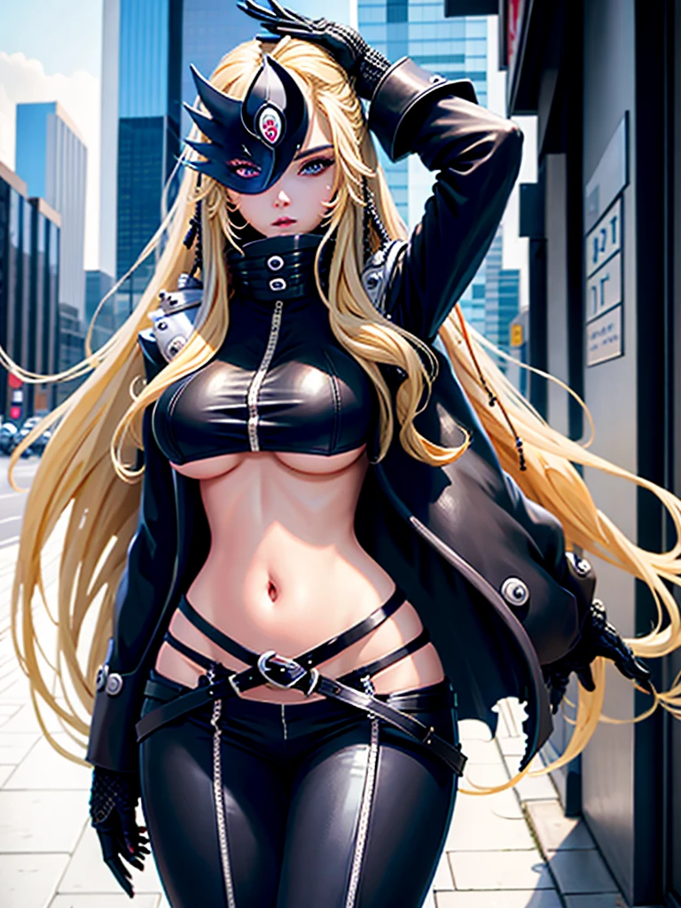 Masterpiece, Best quality, Beautiful detailed eyes,, 1girl, Single, long hair, Looking at the viewer, Big breasts, gloves, long sleeves, Navel, Standing, Jacket, Side locks, Cowboy shot, open clothing, black , Diaphragm, belt, pants, city, street,